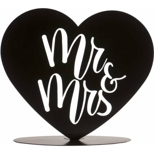 Mr & Mrs - Kaketopp Sort Metallhjerte - 15.5cm x 19cm (12302)