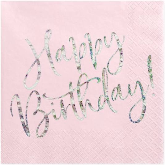 Servietter - Happy Birthday - Lys Rosa - 33x33cm (12727)