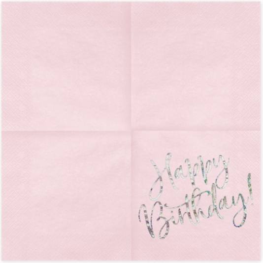 Servietter - Happy Birthday - Lys Rosa - 33x33cm (12728)