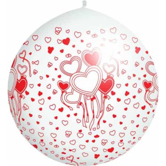 Gigastor Ballong - 1 Meter i Diameter - Hvit med røde hjerter (1450)