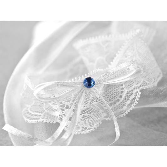 Strømpebånd - Hvitt med blå perle (7646)