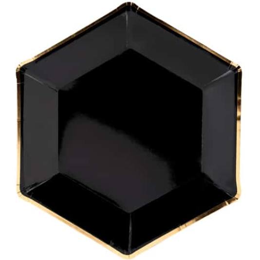 Papptallerken - Sekskantet - Sort og Gull - 23cm (8531)
